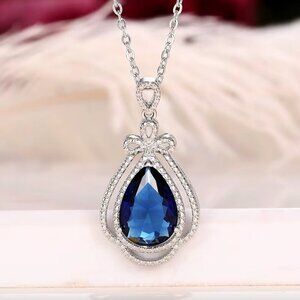 NEW 18k White Gold Blue Sapphire Diamond Pear Cut Teardrop Pendant Necklace
